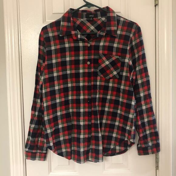 VERY J • Red + Green Plaid Flannel Button Down Shirt - Picture 2 of 4